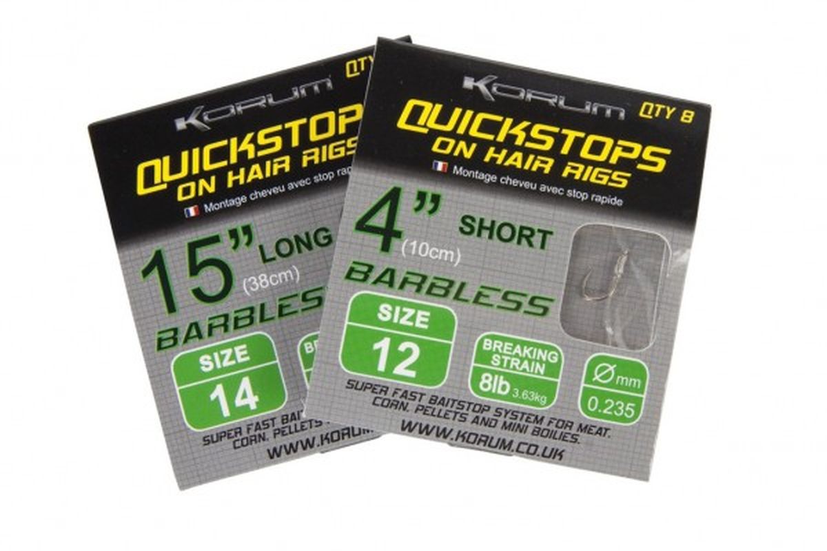 Korum Quickstops on Hair Rigs Barbless Hooks To Nylon
